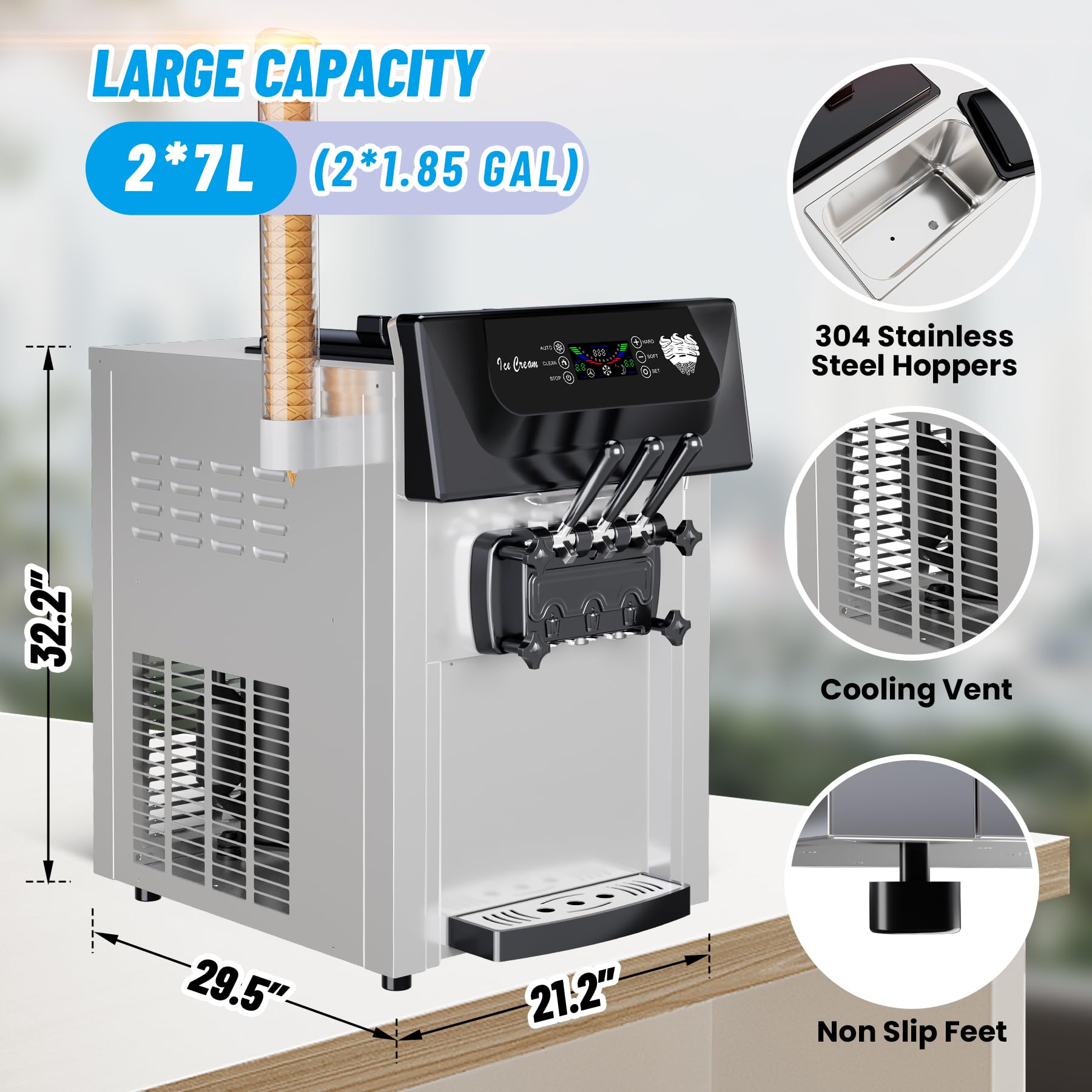 2026 2200W Commercial Ice Cream Machine, 3 Flavor Soft Serve Ice Cream Machine, 5.3-7.4 Gal/Hr, with LCD Touch Screen, Automatic Cleaning, High Productivity for Home Snack Bar & Restaurants