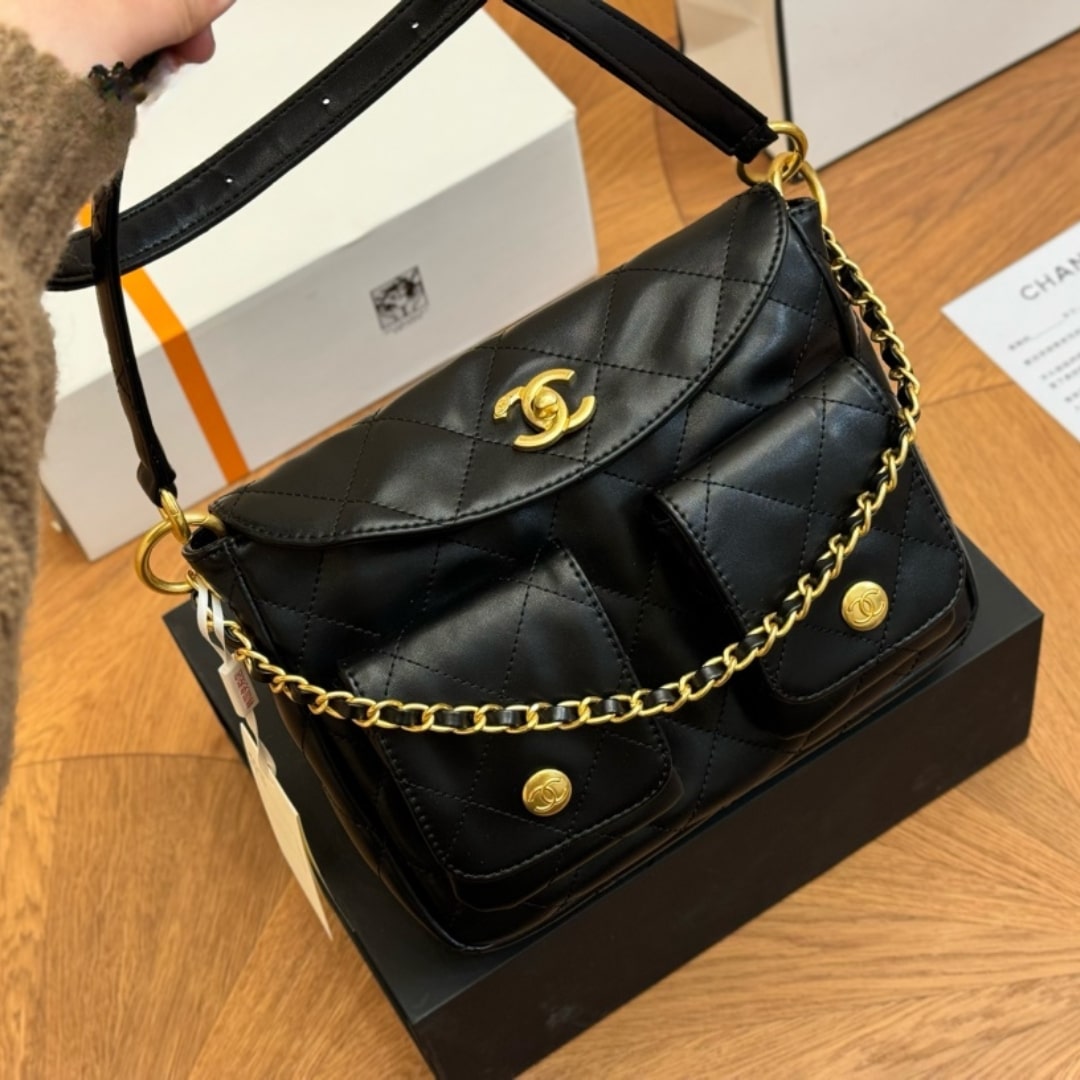 Chanel Hobo Bag Glossy Calfskin Black 25Cm/9.8in