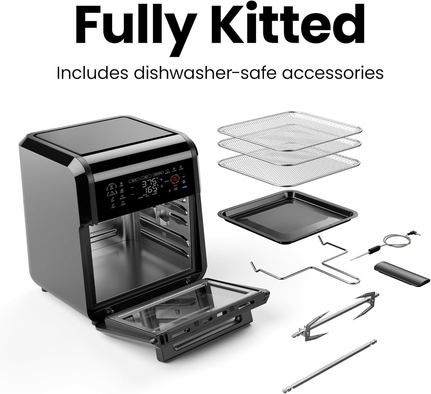 12QT 6-in-1 Electric Air Fryer, Integrated Smart Thermometer, 28 Touch Presets, Rotisserie, Convection Oven, Black