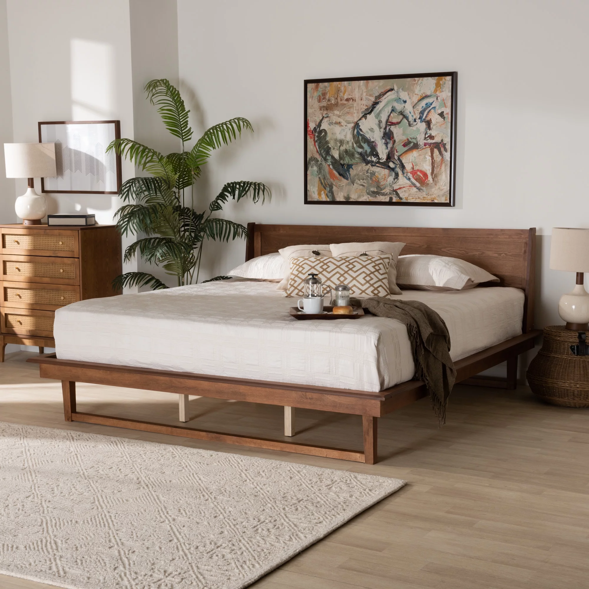 Baxton Studio Macayle Mid-Century Modern Ash Walnut Finished Wood King Size Platform Bed