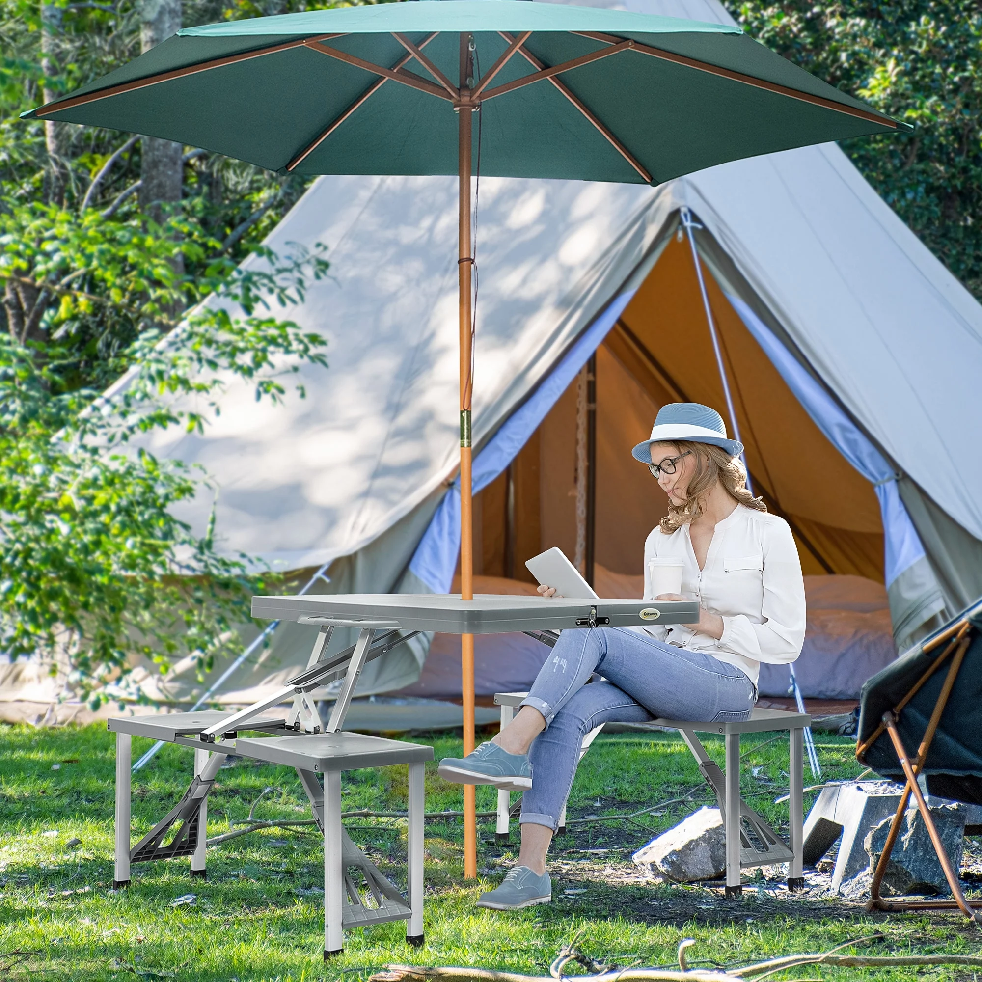 Outsunny Portable Foldable Camping Picnic Table with Seats Chairs and Umbrella Hole, 4-Person Fold Up Travel Picnic Table, Grey
