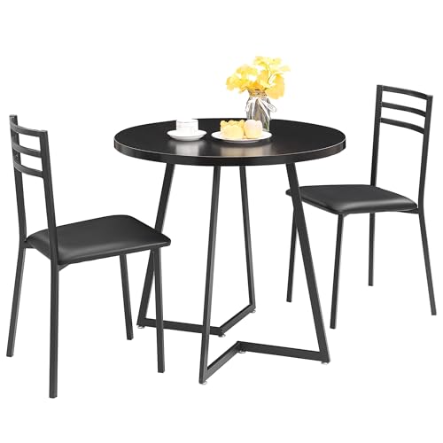VECELO Small Round Dining Table Set for 2, Wood Tabletop with Strong Metal Frame, Modern Dinette with Chairs for Kitchen, Breakfast Nook Living Room, Faux Marbled & White