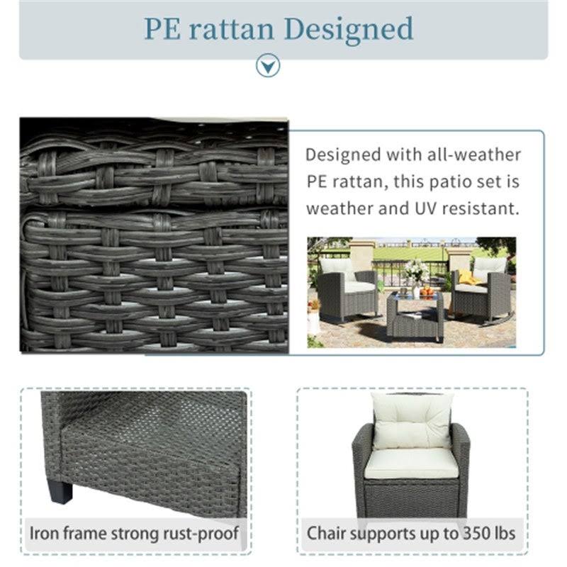 3 Piece Wicker Rattan Set with Rocking Chair,Glass-Top Table Beige