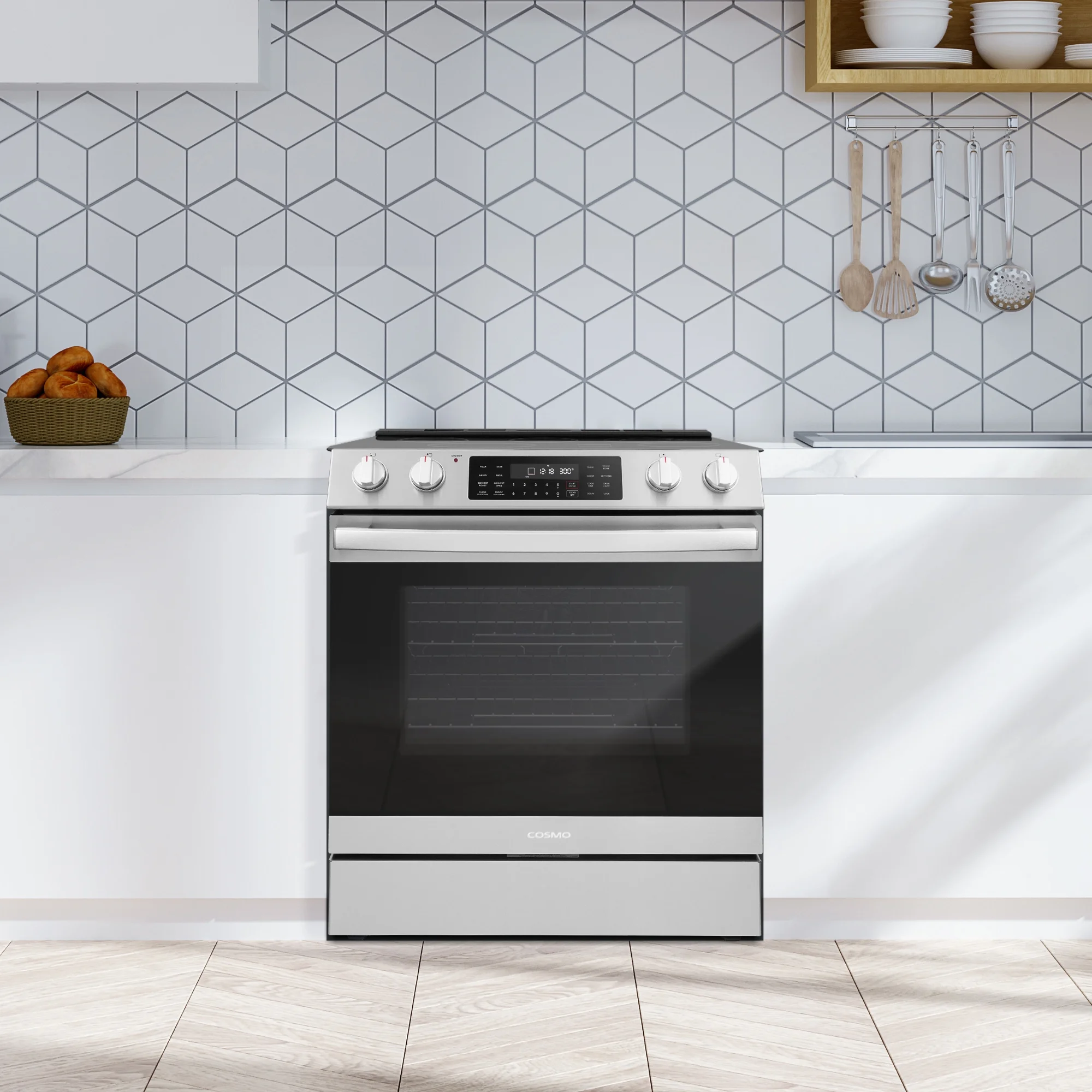 COSMO Commercial Style 30 in. 6.3 cu. ft. Electric Range with 5 Burner Glass Cooktop and Self Clean Air Fry Oven in Stainless Steel