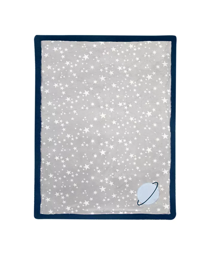 Lambs and Ivy Milky Way Gray Blue Stars and Planet Minky Faux Shearling Soft Baby Blanket