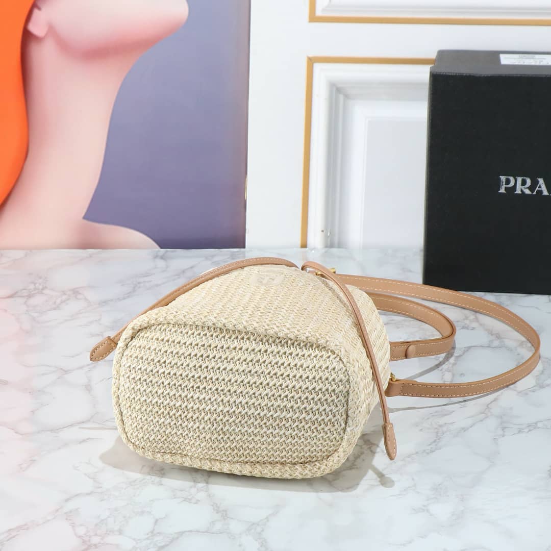 Prada Crochet And Leather Bucket Bag Natural 24Cm