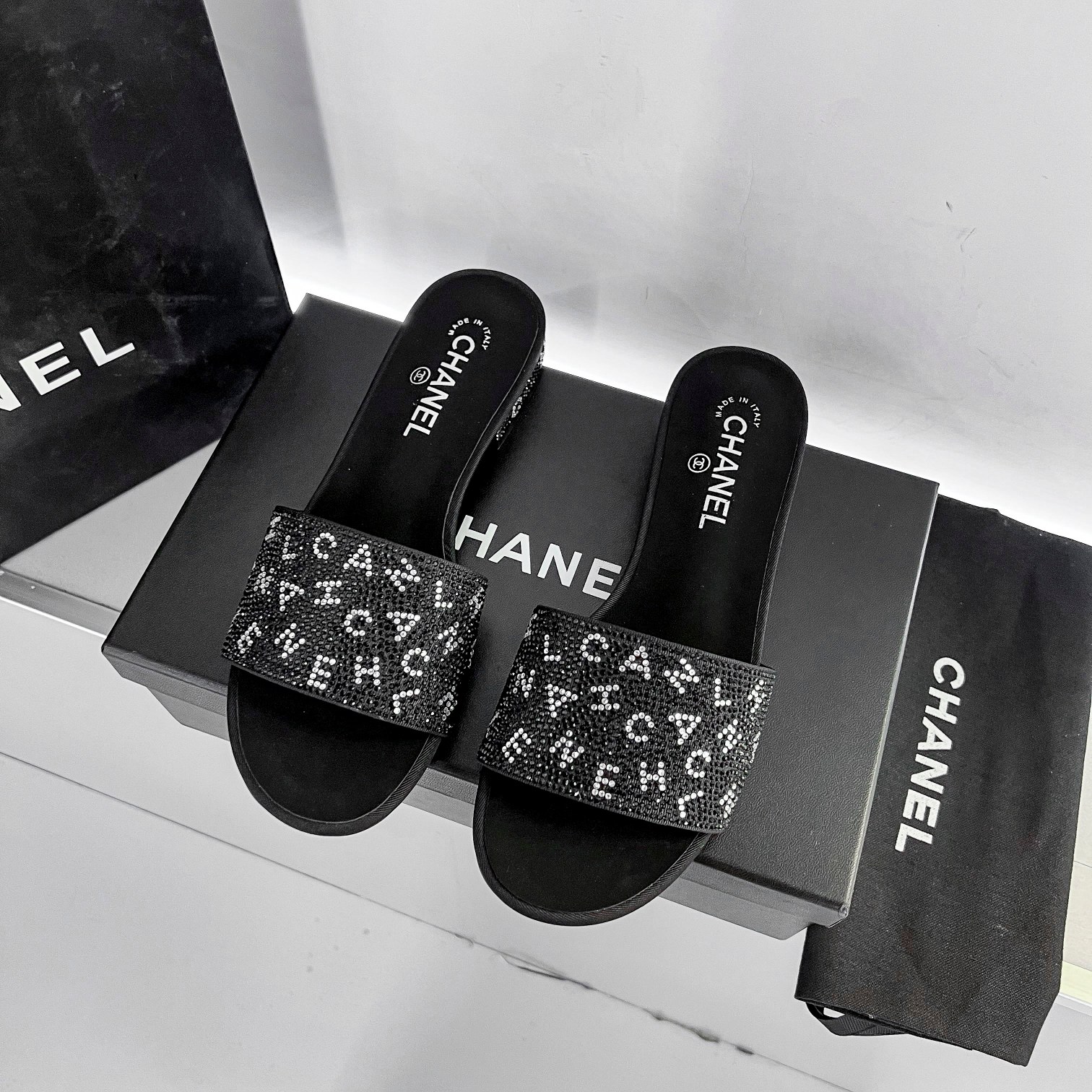 Chanel 24P Beaded Diamond Logo Slippers Black