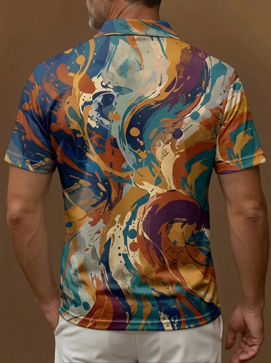 Multicolor Paint Splash Abstract Print Short Sleeve Golf Polo Shirt
