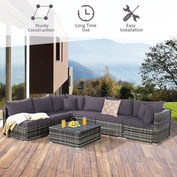7PCS Patio Rattan Furniture Set Sectional Sofa Garden Cushion