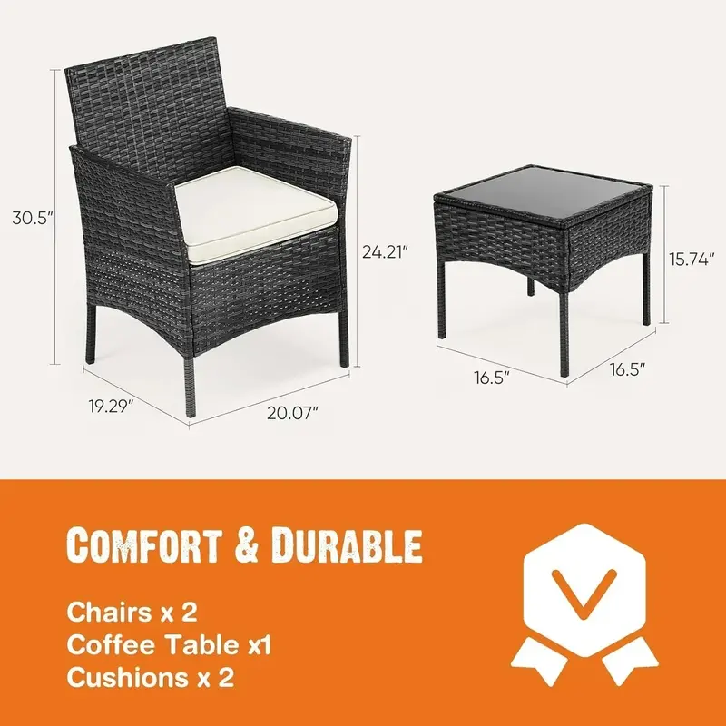 Sweetcripy 3-Piece Outdoor Furniture Set – Cushioned Rattan Chairs with Tempered Glass Table