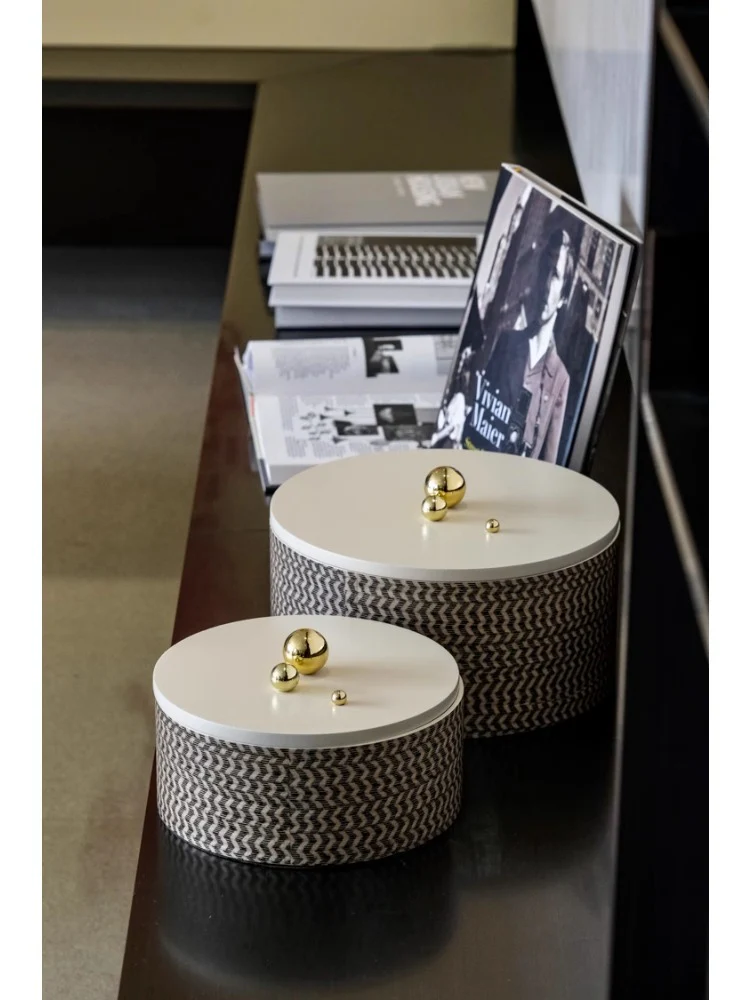 DC076 (Small) - Home Exclusive Loro Piana Chevron Copper Gold Handle Round Storage Box Living Room Sideboard Decoration