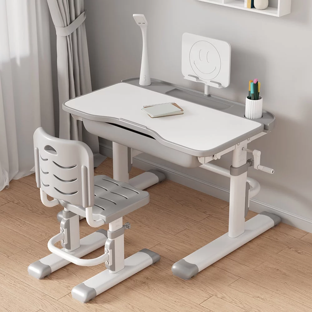 Kids Study Desk and Chair Set Height Adjustable, Ergonomic Children Study Table with Tilt Desktop, School Workstation Writing Functional Desk with Storage Drawers, LED Light, Bookstand (Gray W31.5in)