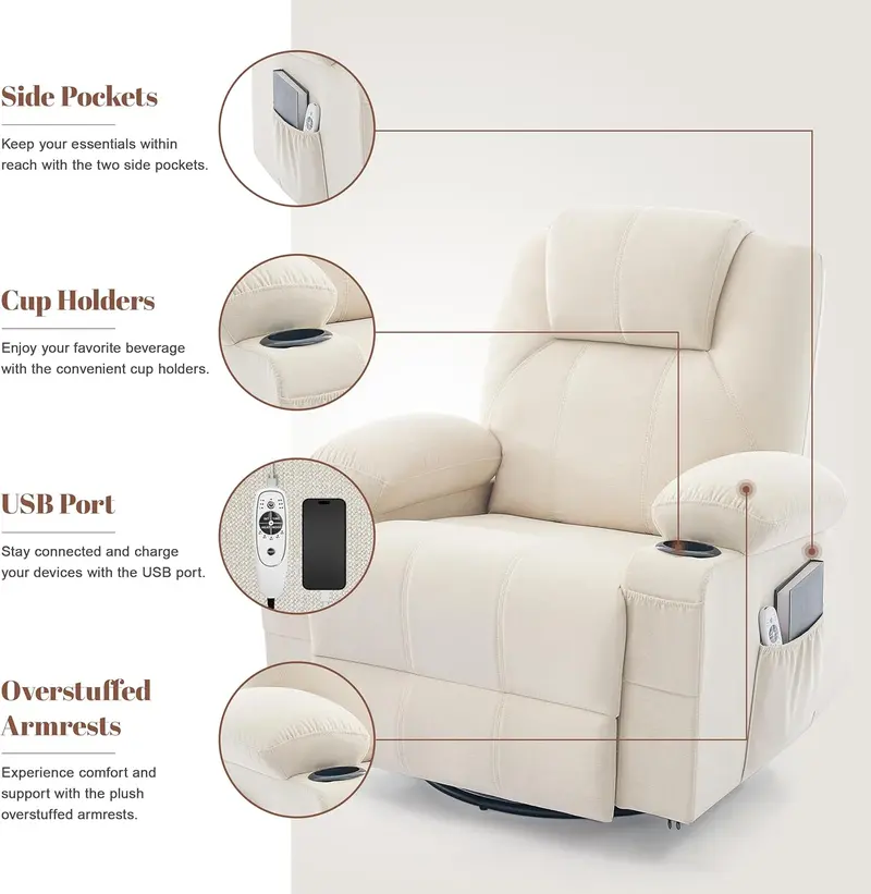 Premium Swivel Rocking Recliner – Heated & Massaging, 360° Rotation, Single-Seat Lounge Sofa