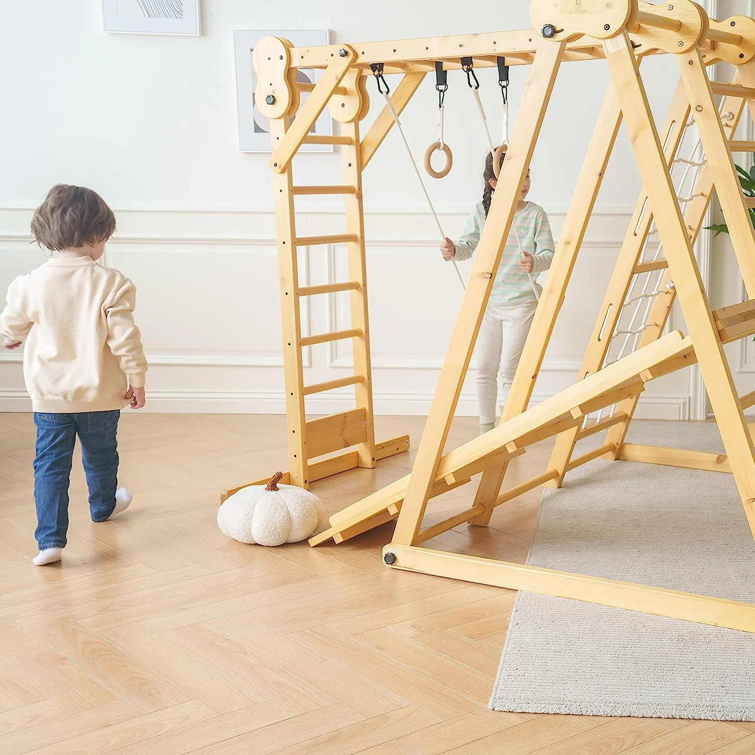 Avenlur Chestnut 7-in-1 Indoor and Outdoor Foldable Jungle Gym Playset for Kids Aged 2-6yrs with Slide, Rock Climb Wall, Climbing Ladder, Rope Net, Monkey Bars, Swing, and Ninja Ring - USA Company
