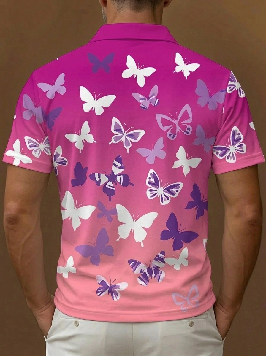 Pink Purple Gradient Butterfly Print Short Sleeve Golf Polo Shirt