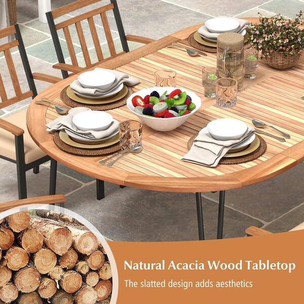 Gymax 79'' Patio Dining Table w/ Umbrella Hole Acacia Wood Tabletop and
