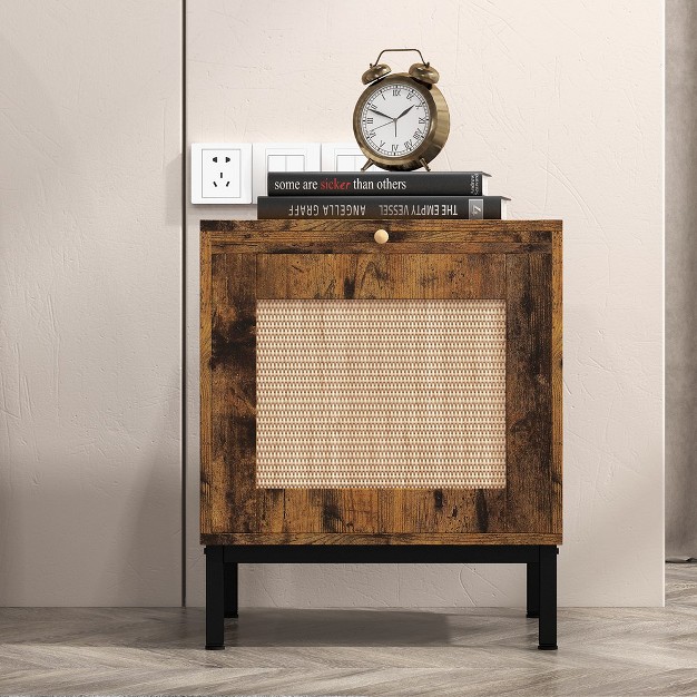 Rattan Nightstand With Tray Classic Wood Grain Pattern Side Table