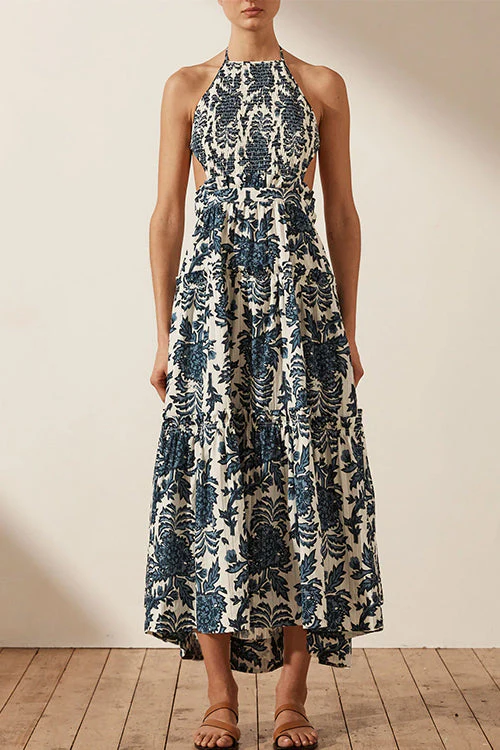 Halter Neck Floral Print Midi Swing DressClistos