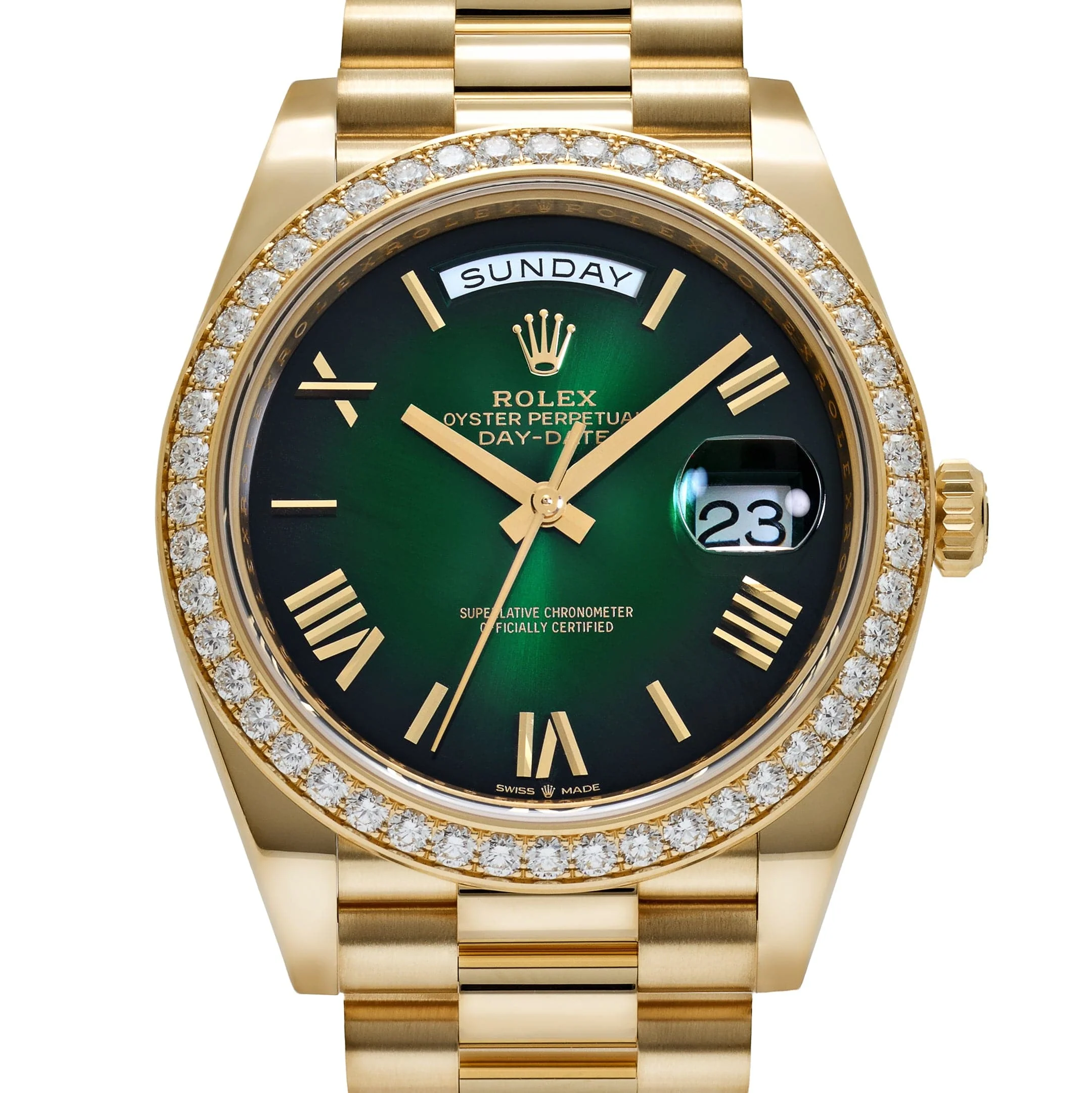 Rolex Day-Date 40 228348RBR Yellow Gold Green Ombre Roman Numeral Dial Diamond Bezel (2024)