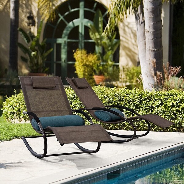 Outdoor Chaise Lounge Steel Curved Patio Rocking Lounge Chair with Detachable Pillow (Set of 2)