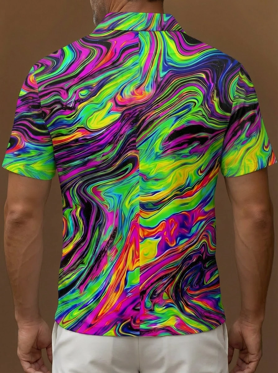 Multicolor Psychedelic Swirl Pattern Button Short Sleeve Golf Polo Shirt