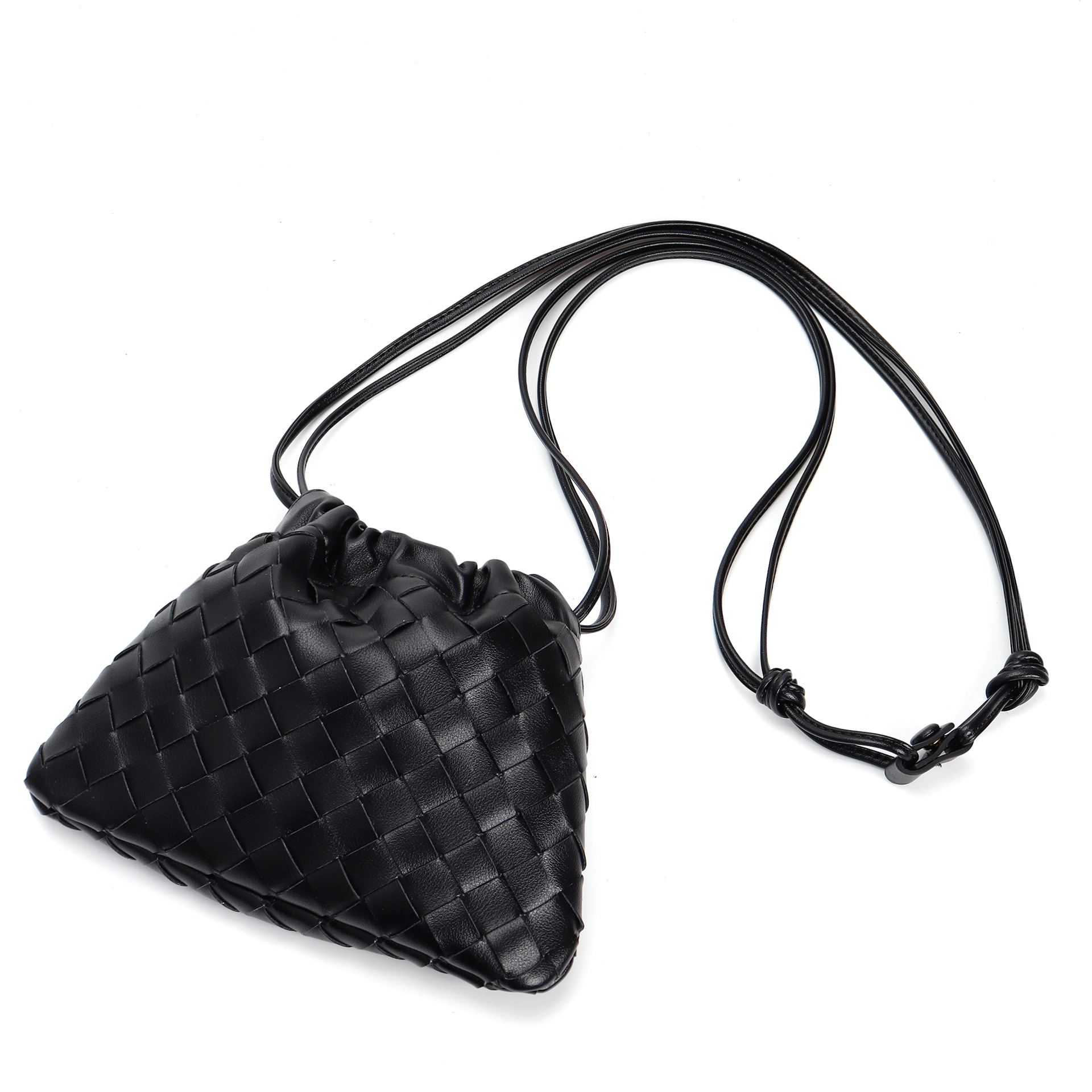 Black Woven Leather Drawstring Crossbody Pouch