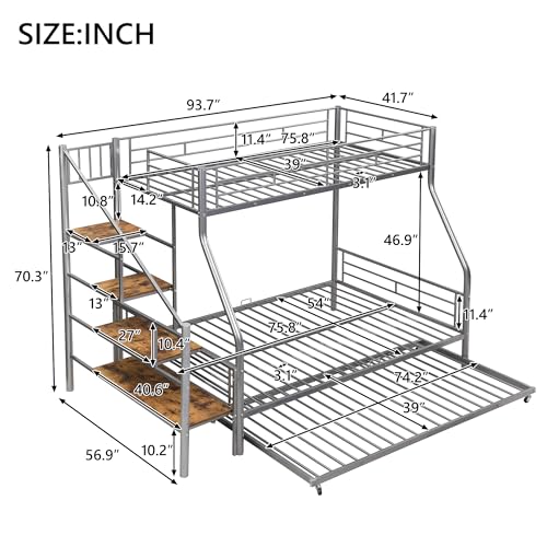 Twin Over Full Bunk Bed with Trundle and Stairs, Metal Bunk Bed with Storage and Safe Guardrails, Heavy-Duty Metal Bunkbeds for Teens, Adults, Space-Saving, No Box Spring Needed, Silver