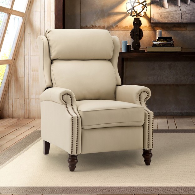 Ripheus Genuine Leather Manual Recliner With Nailhead Trims And Solid Wood Legs Karat Home