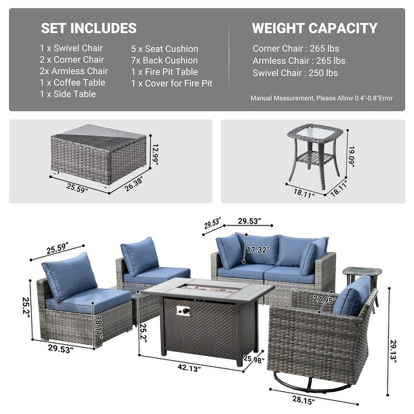 HOOOWOOO 8piece Rattan Wicker Patio Furniture Set with Fire Pit