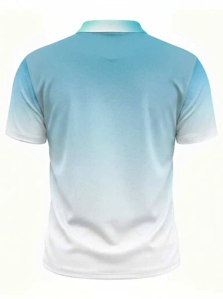 Moisture Wicking Golf Polo 3D Blue to White Ombre Gradient Button Short Sleeve Golf Polo Shirt