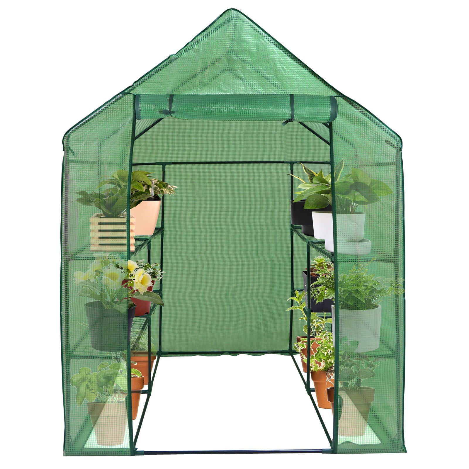 ZenSports 2-Tier 8-Shelves Walk-in Greenhouse, Indoor Outdoor Portable Plant Gardening Canopy, W/ Roll-up Zipper Entry Door, 57″ x 57″x 77″, Green