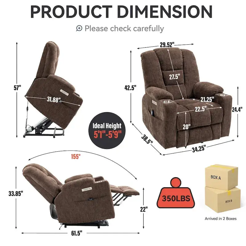 Power Lift Recliner with Heat, Massage & USB-C Charging — Wide Overstuffed Design