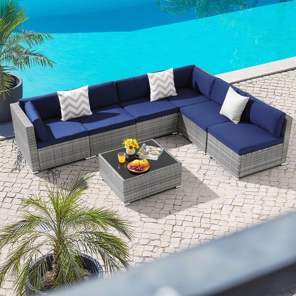 7 Pieces Outdoor Patio Furniture Set,Grey PE Wicker Rattan w/Builtin Glass Table,Seat Clips,Navy Blue Cushions