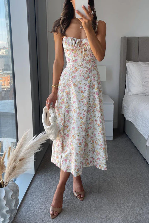 Floral Midi Dress with Slit | Fit & Flare Sweetheart NecklineClistos