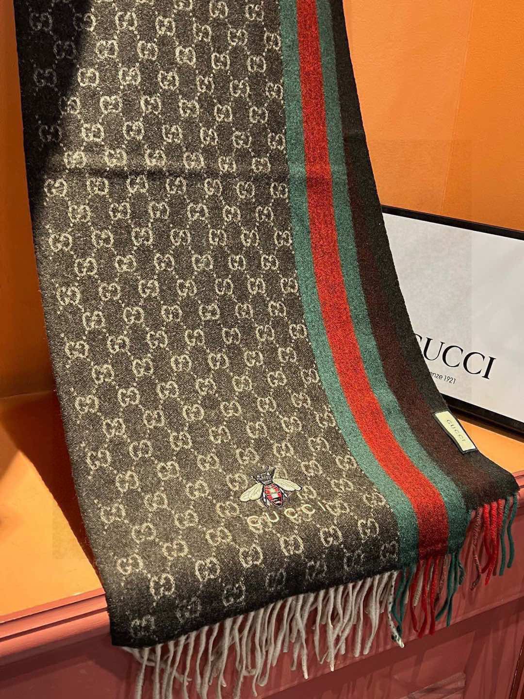 Gucci Cashmere Scarf Stripe Brown Green For Women 190cm