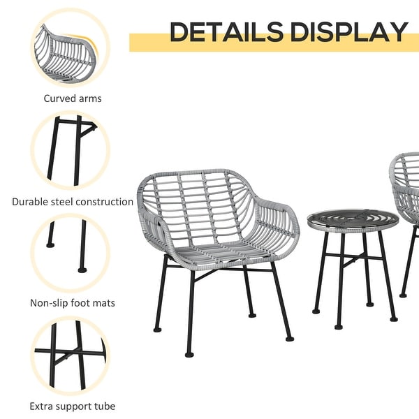 3 Piece Patio Set,PE Rattan Wicker Chairs and Table with Tempered Glass