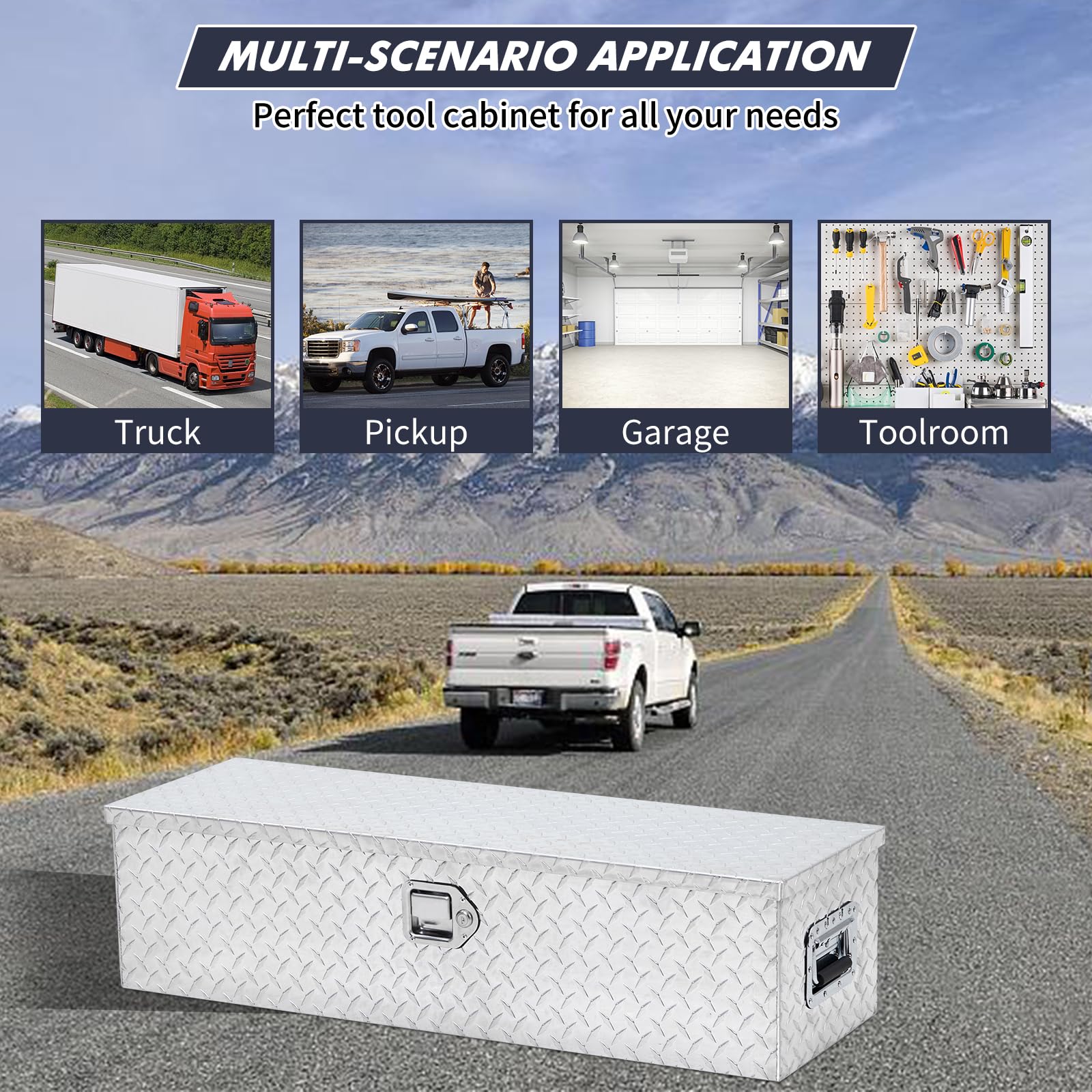 2026 48 Inch Diamond Plate Truck Bed Tool Box with Shelf Silver