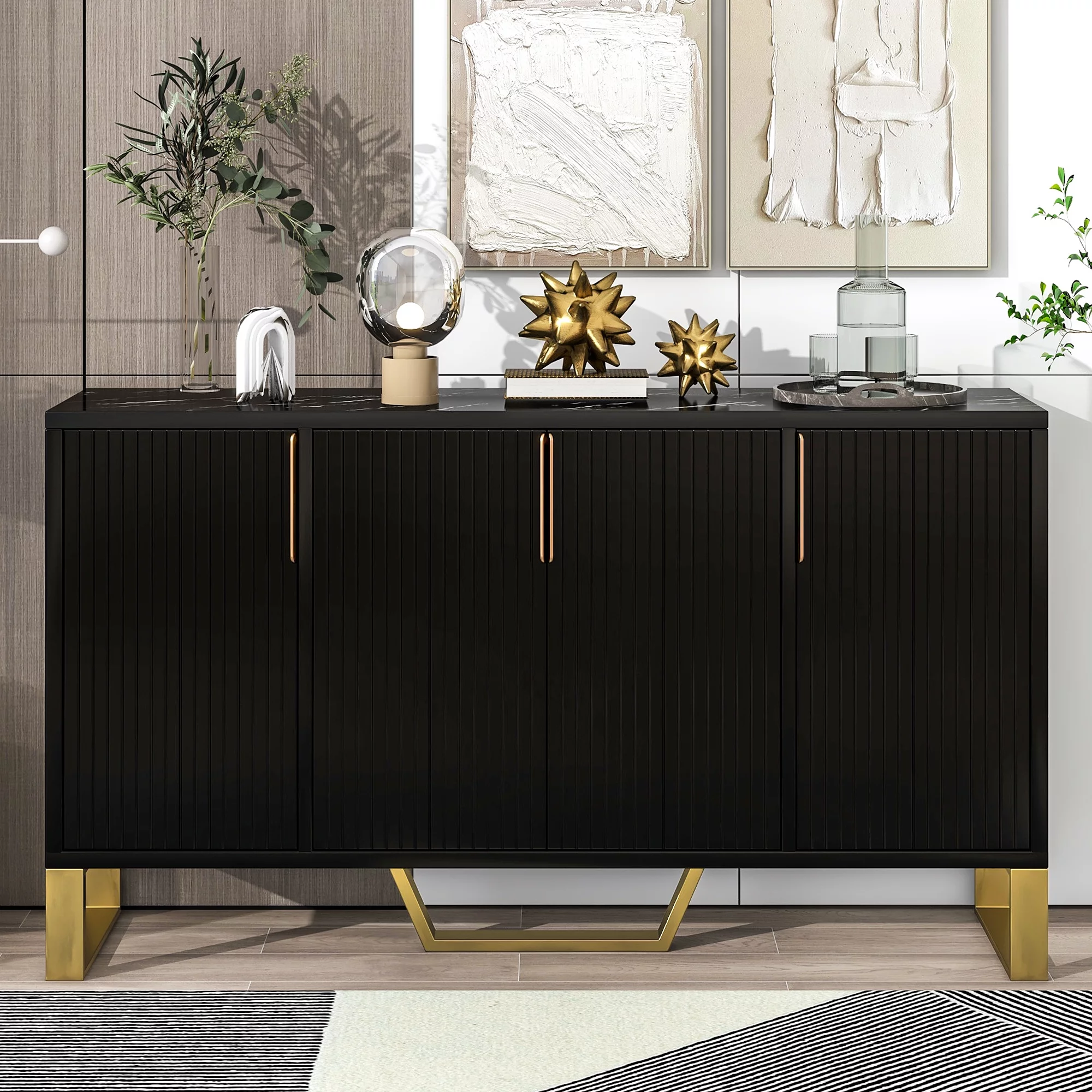 Dcenta Modern sideboard with Four Doors, Metal handles & Legs and Adjustable Shelves Kitchen Cabinet (Black)