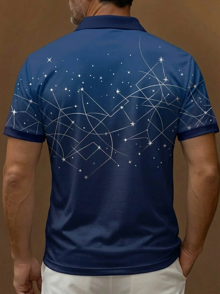 Dark Blue Constellation Star Print Short Sleeve Golf Polo Shirt