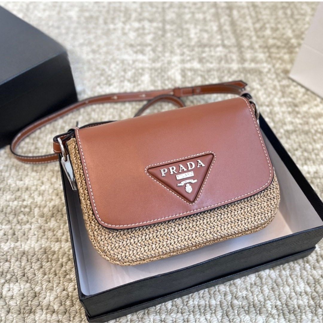 Prada Raffia And Leather Crossbody Bag Naturale Brown 20Cm