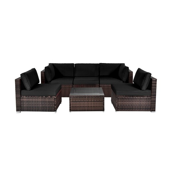 6 Pieces Patio Rattan Furniture Set with Cushions and Glass Coffee Table