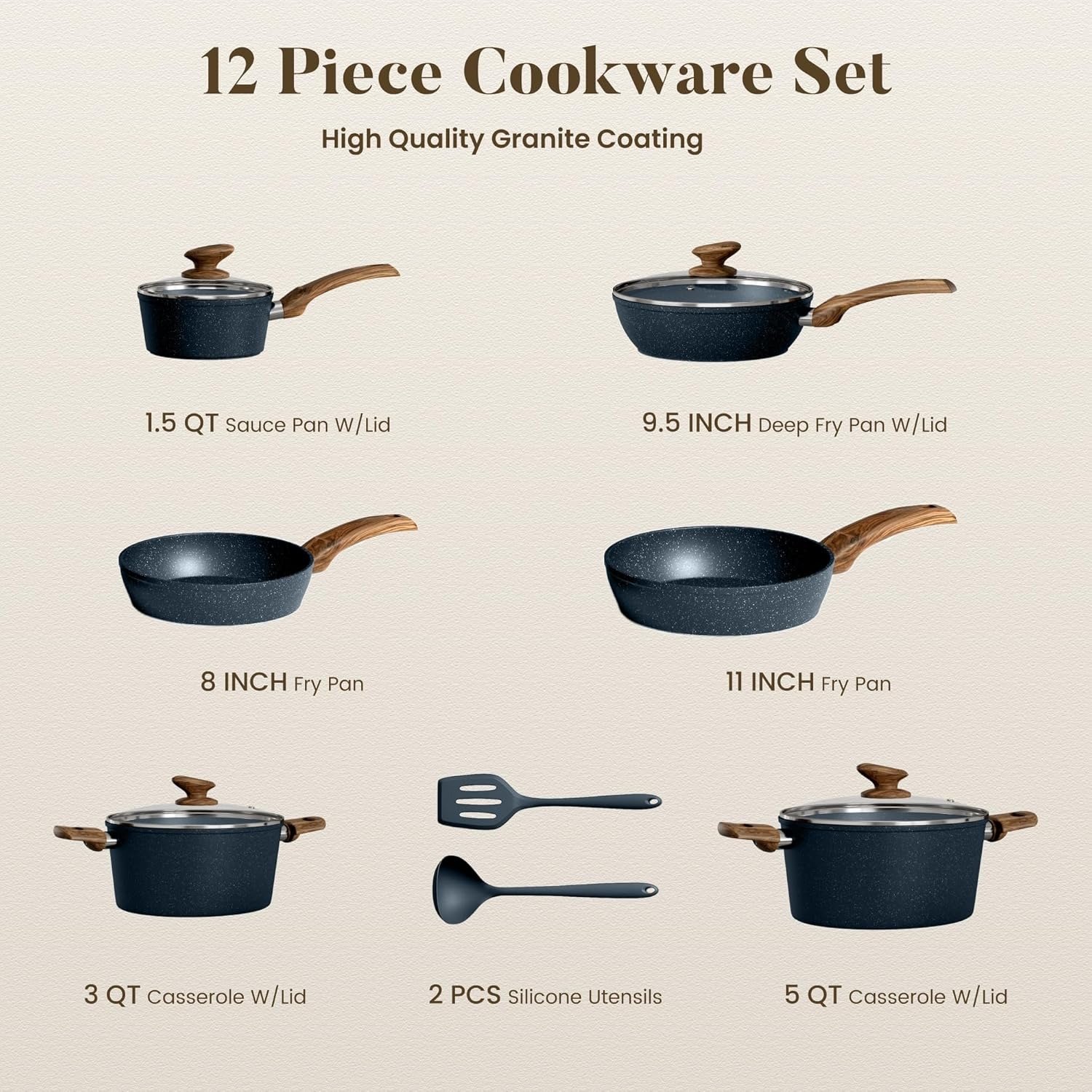 12-Piece Induction Nonstick Cookware Set Kitchen Multi-Functional Pots and Pans Collection