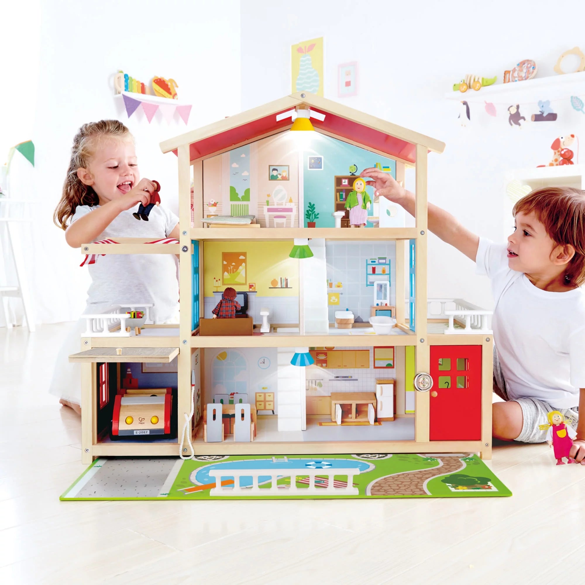 Hape Family Mansion Kid's Wood Dollhouse with LED Lights, Product Height 28.43 in