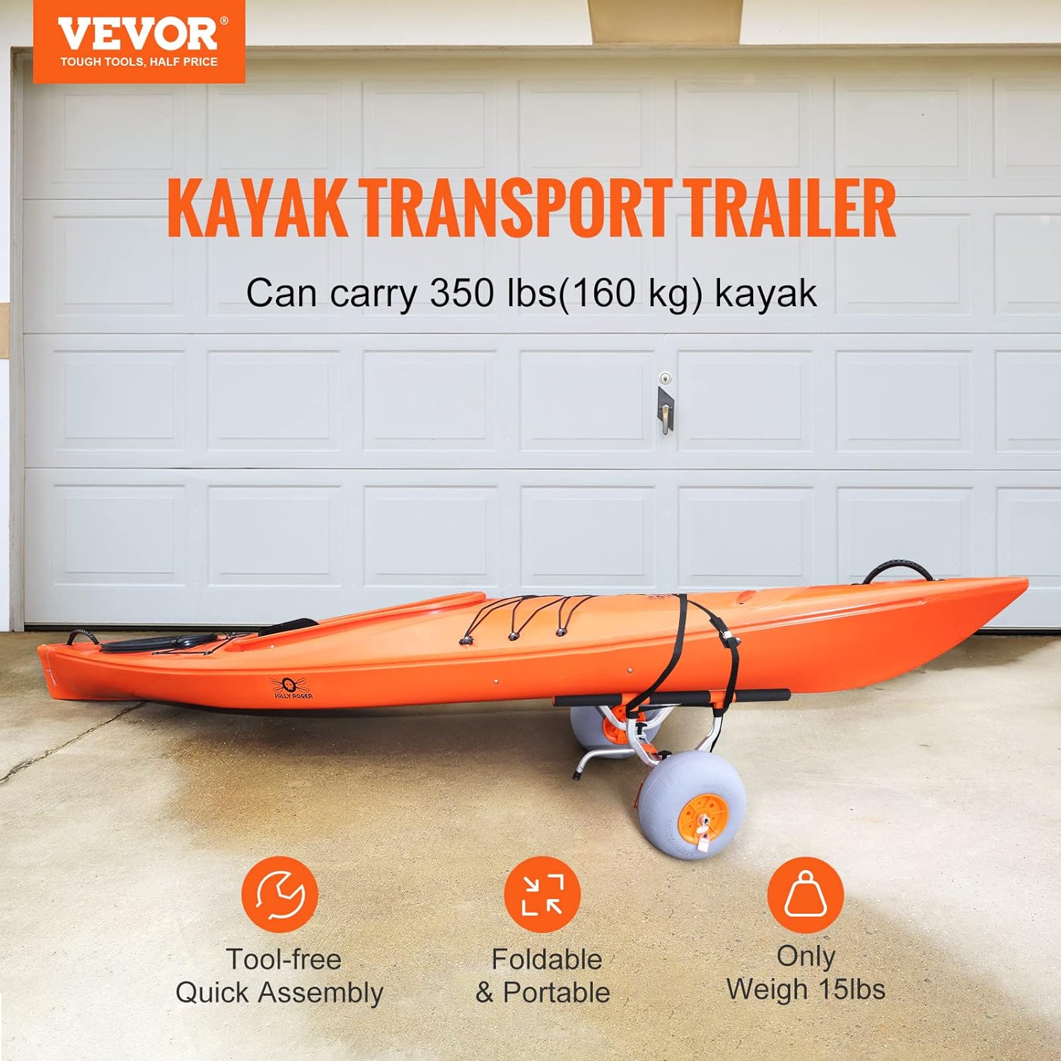 Heavy Duty Kayak Cart, 350lbs Load Capacity, Foldable Canoe Trolley with 13'' Beach Wheels, Adjustable Carrier Width & Nonslip Support Foot, for Kayaks Canoes Paddleboards Float Mats Jon Boats