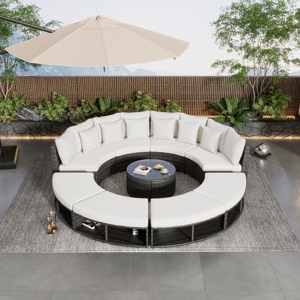 9Piece Outdoor Patio Furniture Luxury Circular Outdoor Sofa Set Rattan Wicker Sectional Sofa Lounge Set with Coffee Table