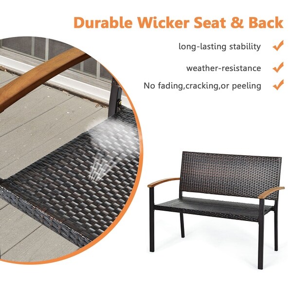 Gymax Patio Wicker Bench All Weather Rattan Chair Loveseat w/ Acacia