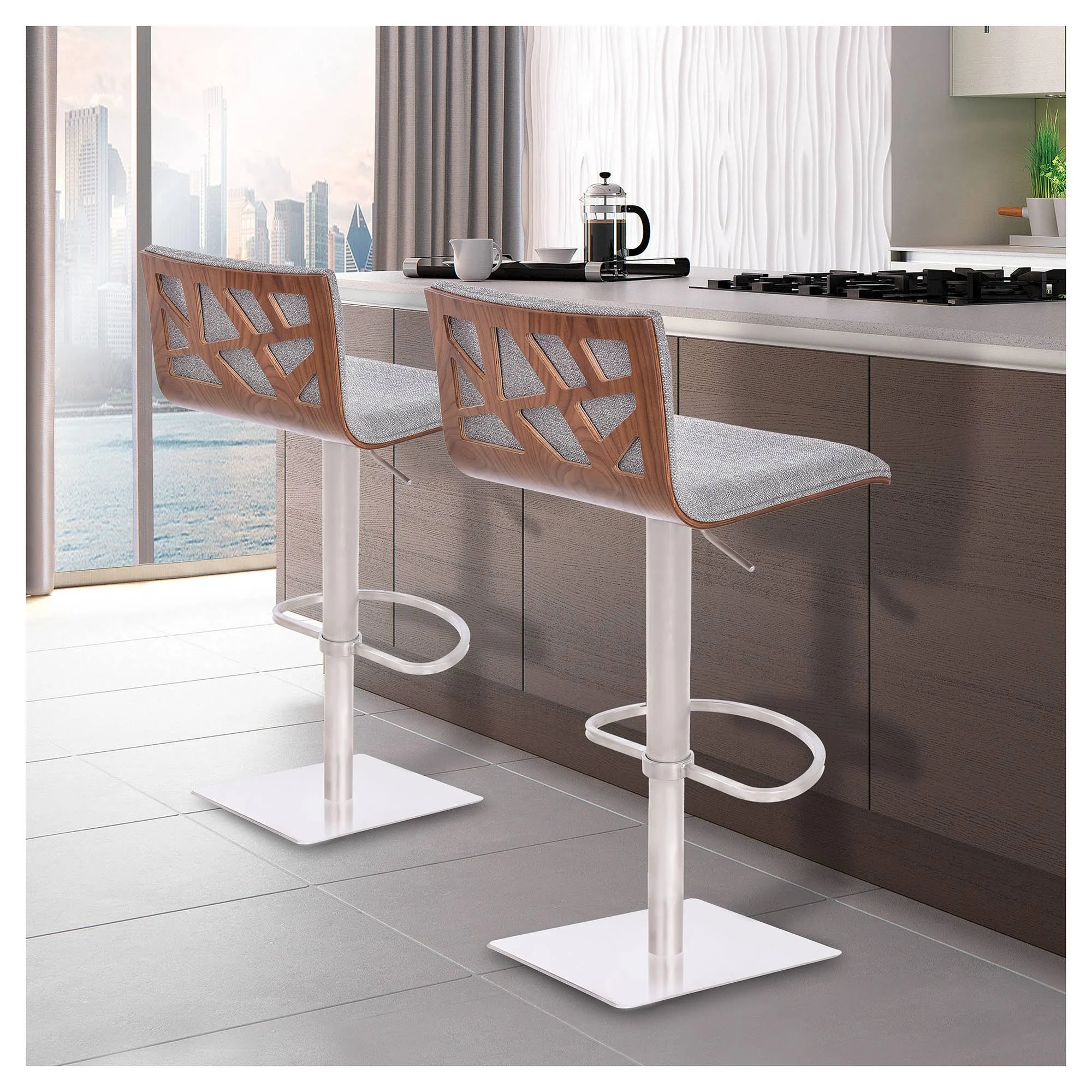 Armen Living Crystal Barstool in Brushed Stainless Steel Finish with Grey Faux Leather and Walnut Back