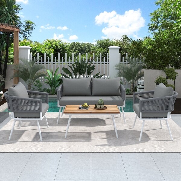 Acacia and Rope Patio Furniture Set: 4Piece Outdoor Set with Thick Cushions