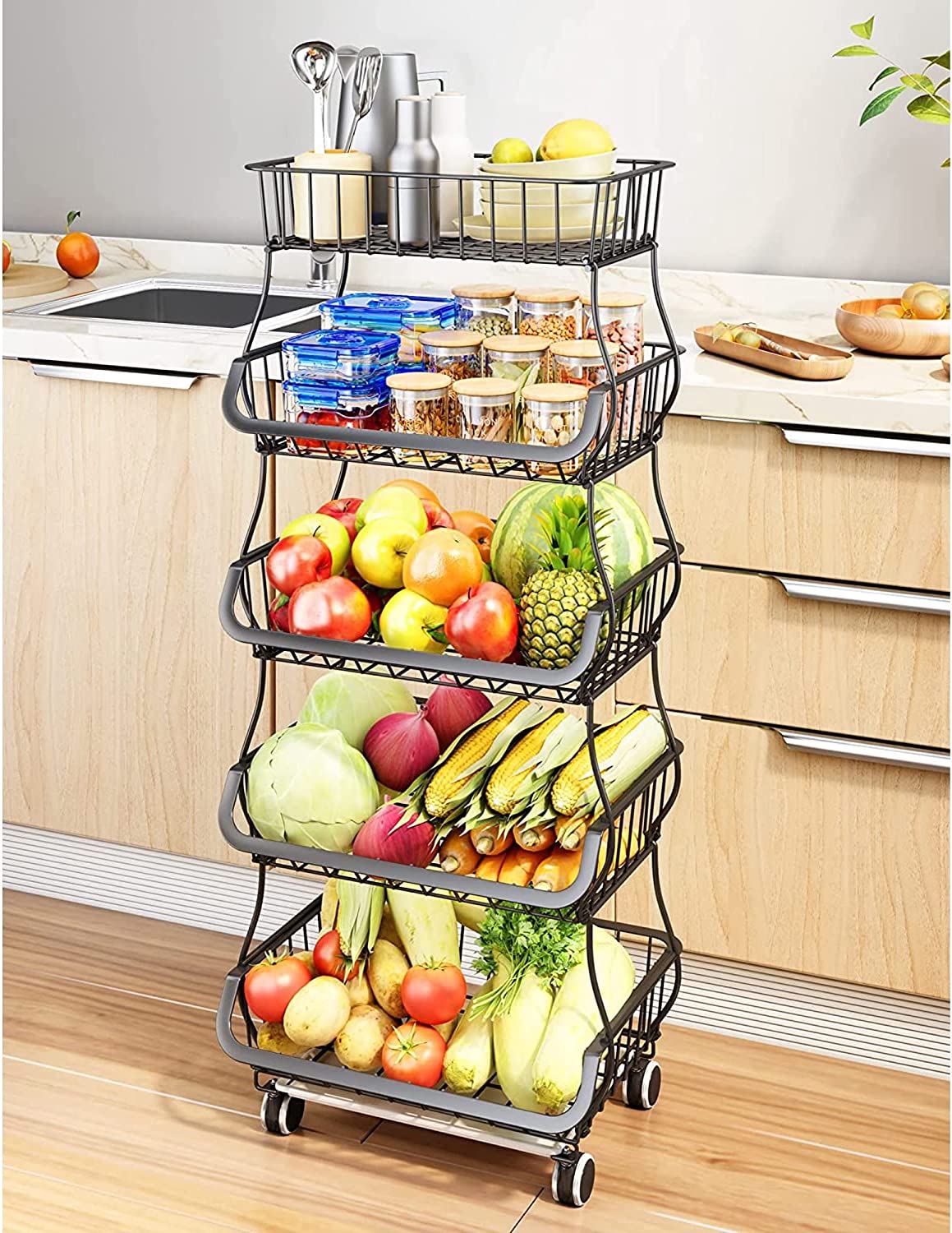 Fruit and Vegetable Basket, 5 Tier Metal Wire Stackable Kitchen Storage Rack for Kitchen, Bathroom, Pantry