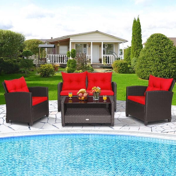 Costway 4 PCS Patio Rattan Furniture Set Glass Table Shelf Sofa